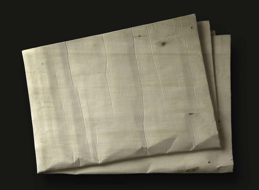 Christian Renonciat, Carton plié quatre plis, biais, bois de tilleul, 104 x 130 x 6 cm, 2026 Carton plié quatre plis, biais, bois de tilleul, 104 x 130 x 6 cm, 2026